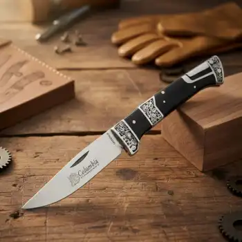 Knivox Columbia Company MB3936-B Gravür İşlemeli Ahşap Kabze Kamp Çakısı