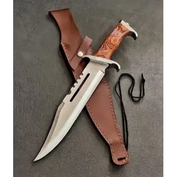 Knivox Rambo111 32 cm Ahşap Kabzeli Deri Kılıflı Paslanmaz Çelik Av ve Kamp Bıçağı