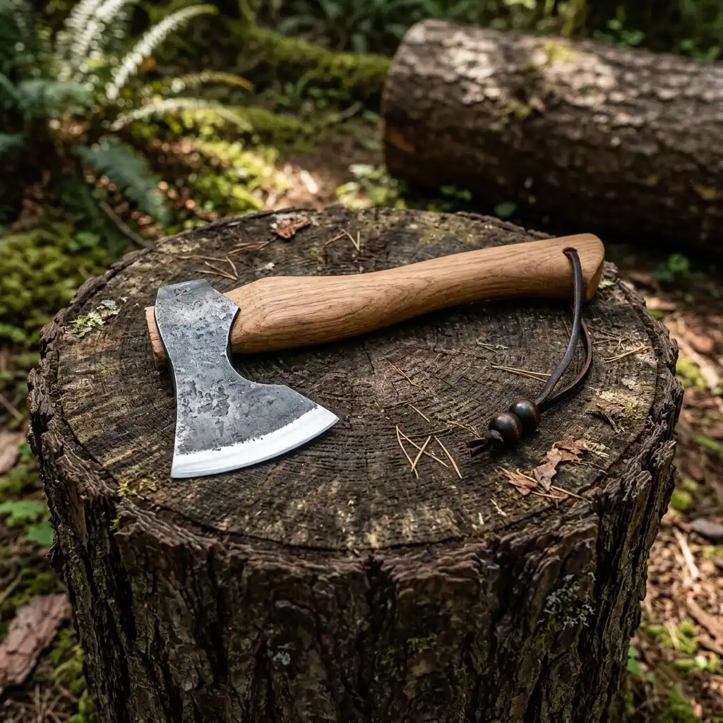 Knivox CK-45 Dövme Çelik El Yapımı Kamp Baltası - Yerli Üretim Deri Kılıflı