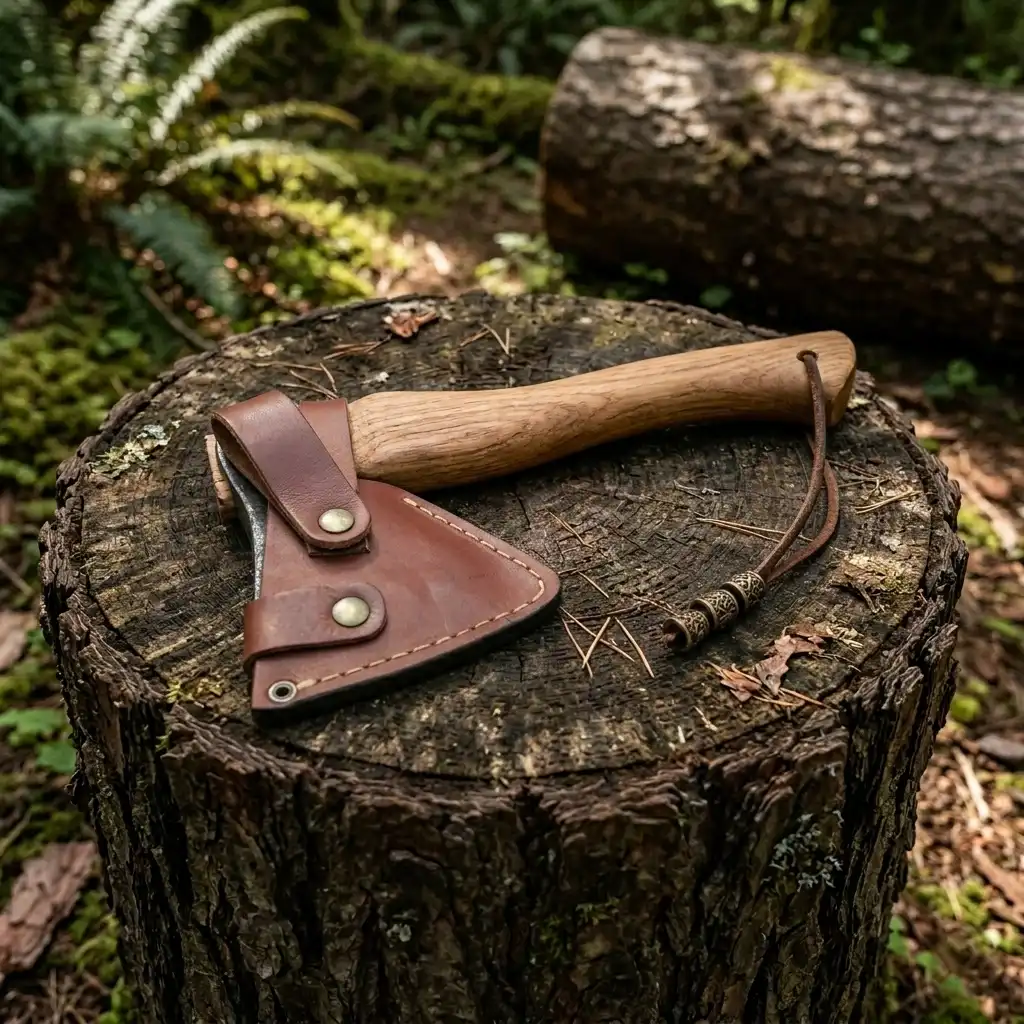 Knivox CK-45 Dövme Çelik El Yapımı Kamp Baltası - Yerli Üretim Deri Kılıflı
