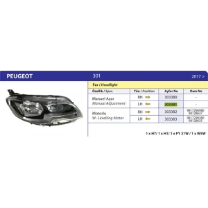 PEUGEOT 301- 17/21; FAR LAMBASI SOL ELEKTRİKLİ/MOTORLU