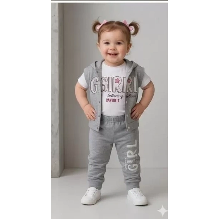 1/4 Yaş Girl Baskılı Yelekli 3lü Çocuk Takımı