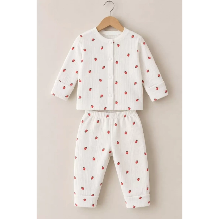 3-12 Ay Çilek Baskılı Çıtçıtlı Penye Bebek Pijama Takımı