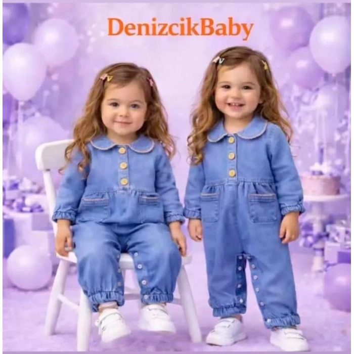 3-12 Ay Düğme Detaylı Kot Bebek Tulumu