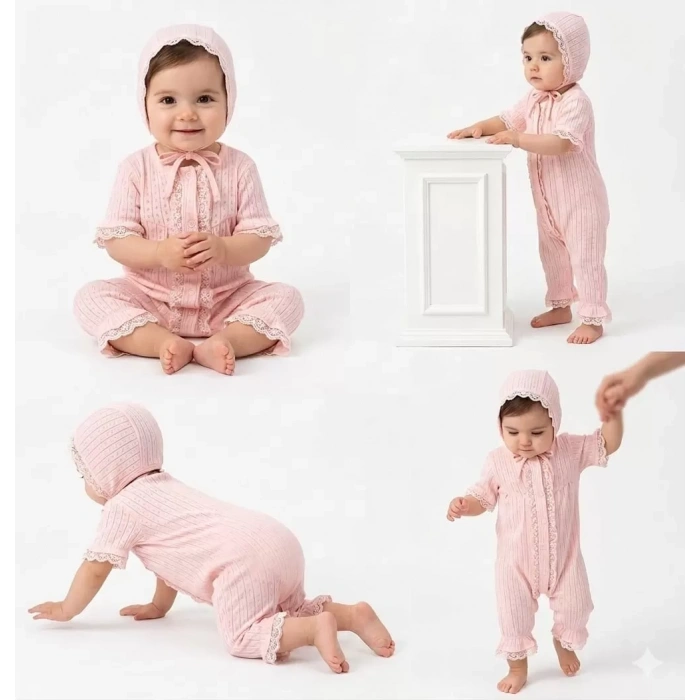 3/12 Ay Şapkalı Dantelli Jakar Kumaş Bebek Tulumu