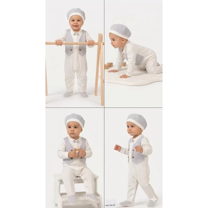 3/12 Ay Şapkalı Sahte Yelekli Bebek Tulumu