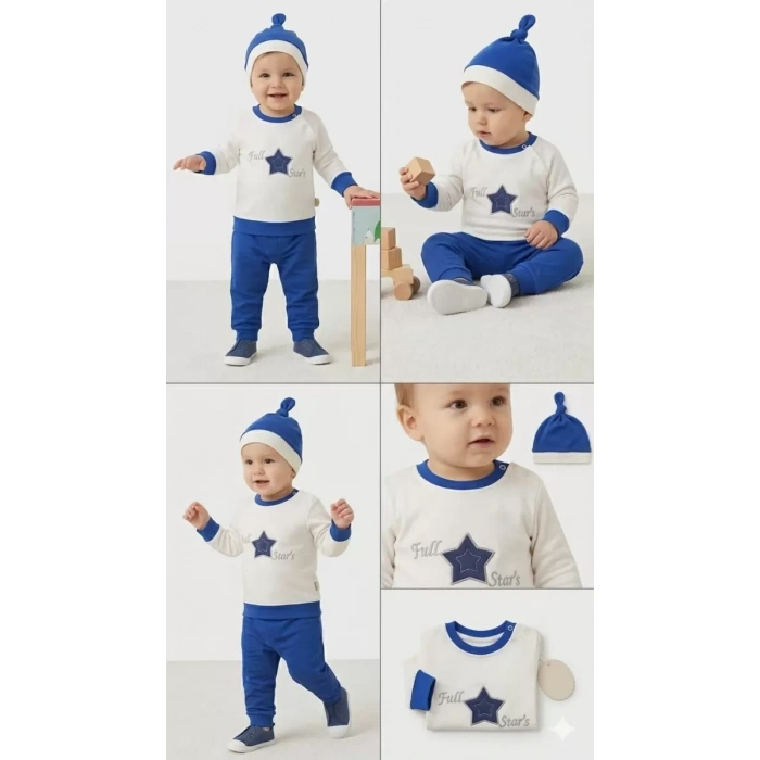 3-6 6-9 9-12 Ay Full Star Nakışlı Şapkalı Uzun Kollu Sweat 3lü Erkek Bebek Takımı
