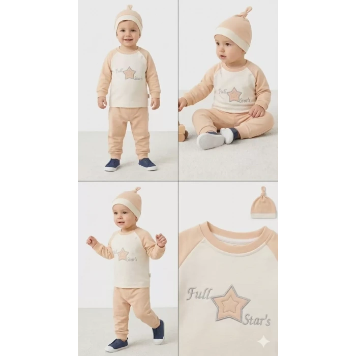 3-6 6-9 9-12 Ay Full Star Nakışlı Şapkalı Uzun Kollu Sweat 3lü Erkek Bebek Takımı