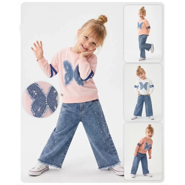 3/6 Yaş Taşlı Kelebek Nakışlı Sweatli Kot Pantolonlu Çocuk Takımı