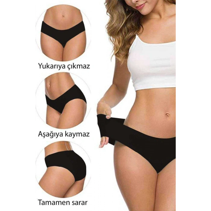 3 Adet Kadın Dikişsiz Lazer Kesim Esnek İz Yapmayan Külot Siyah Mudanis