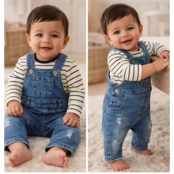 6-18 Ay Çizgili Badili Kot Salopet Bebek Takımı