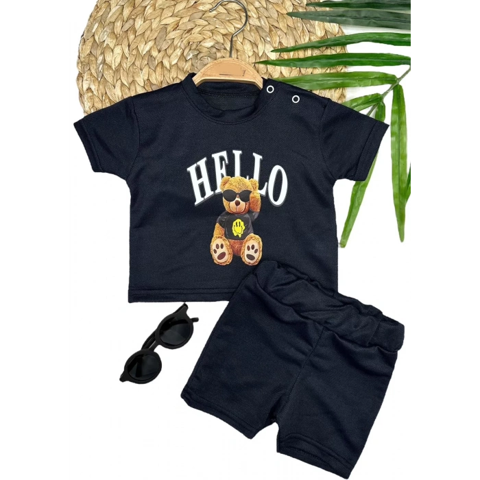 9-12-18-24 Ay Hello Gözlüklü Ayıcık Baskılı Şortlu Kısa Kollu Tişört 2li Erkek Bebek Takımı