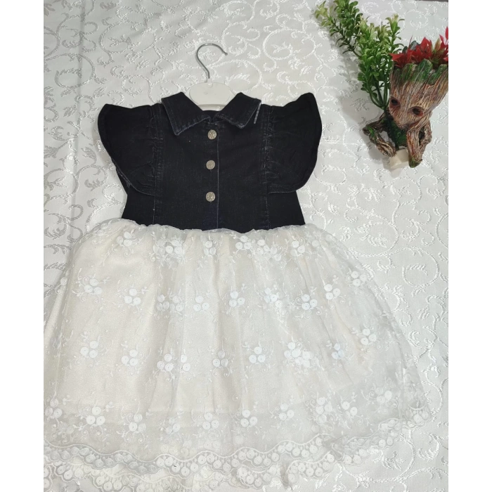 Astarlı Brode Etekli Kot Kumaş Düğmeli Kız Çocuk Elbisesi Siyah