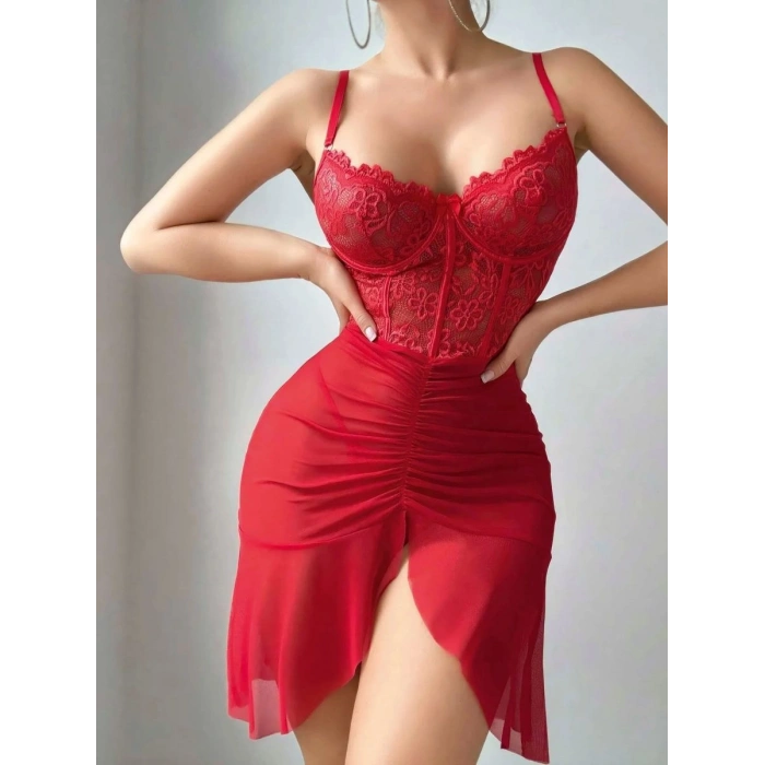 Ateş Kırmızısı Önden Yırtmaçlı Tül Gecelik Kadın İç Giyim