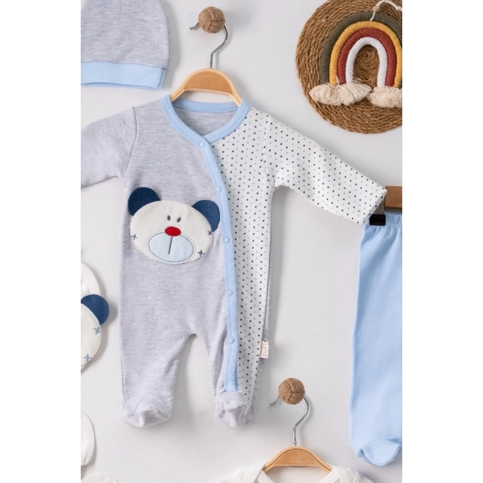 Ayıcık Nakışlı Tulumlu % 100 Pamuk Erkek Bebek 5li Set