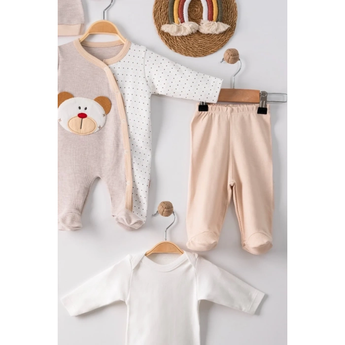 Ayıcık Nakışlı Tulumlu % 100 Pamuk Erkek Bebek 5li Set