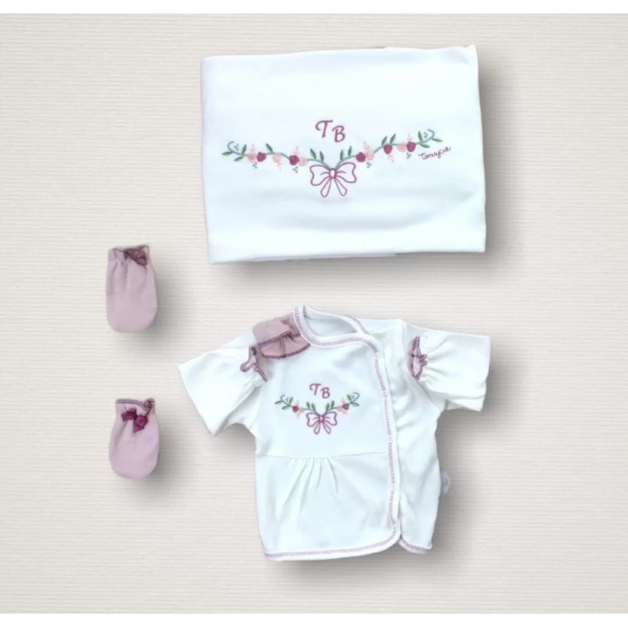 Bahar Çiçekleri Nakışlı %100 Cotton Antibakteriyel 10lu Zıbın Takımı Hastane Çıkışı Gül Kurusu