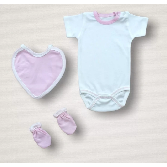 Baharın Çiçekli Kalbi Nakışlı %100 Cotton Antibakteriyel 10lu Zıbın Takımı Hastane Çıkışı Pembe