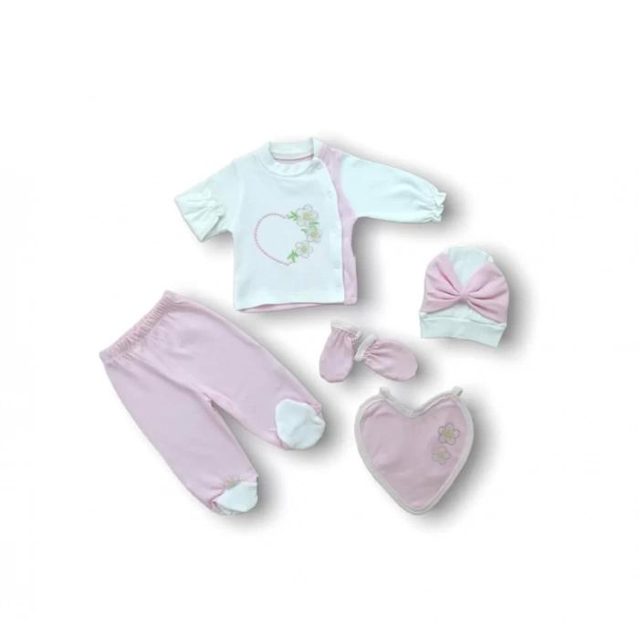 Baharın Çiçekli Kalbi Nakışlı %100 Cotton Antibakteriyel 5li Zıbın Takımı Hastane Çıkışı Pembe