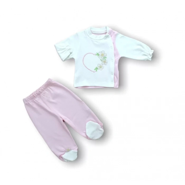 Baharın Çiçekli Kalbi Nakışlı %100 Cotton Antibakteriyel 5li Zıbın Takımı Hastane Çıkışı Pembe