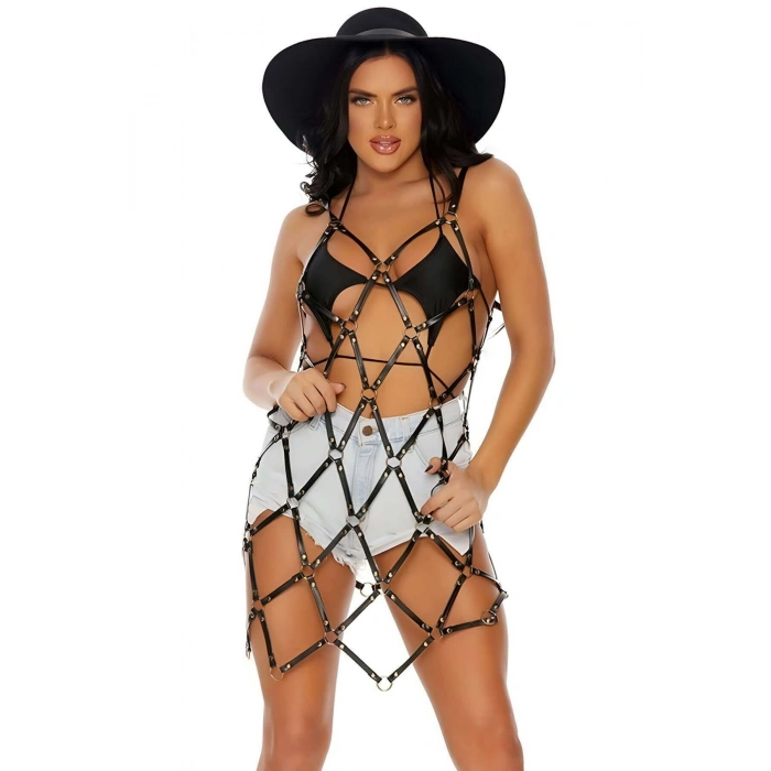 Baklava Dilimi Detaylı Şık Siyah Deri Pareo - Brf844