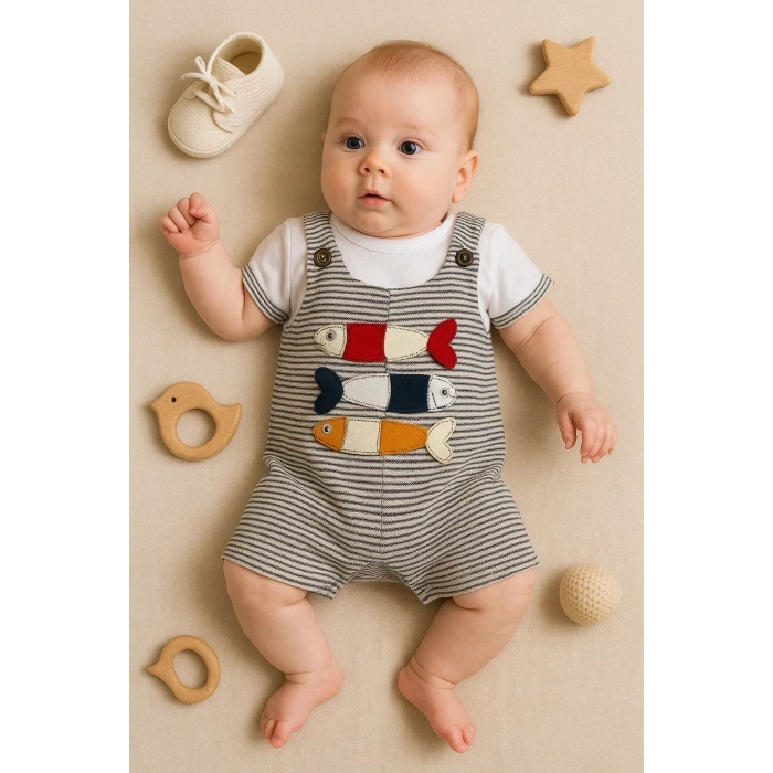 Balık Nakışlı Kısa Kollu Erkek Bebek Tulumu