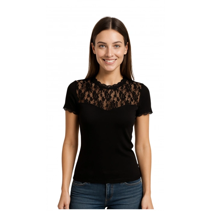 Bayan Kısa Kol Dantelli Elastane 8015