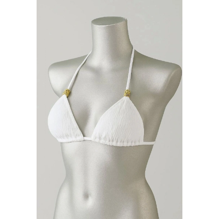 Beyaz Pedli Üçgen Bikini Üstü Halter Bağlamalı Aksesuarlı Esnek Kumaş Kadın Mayo Üstü