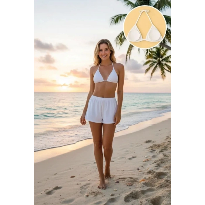 Beyaz Şortlu Bağlamalı Bikini Takımı Üçgen Kesim Ayarlanabilir Esnek Kumaş Kadın Mayo Seti