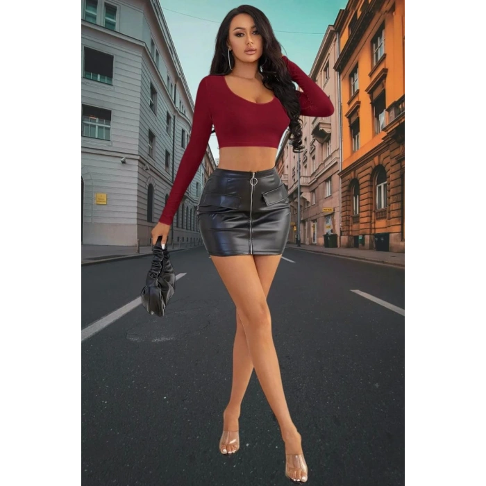 Bordo Derin U Yaka Crop Top Uzun Kollu Dar Kesim Kadın Bluz
