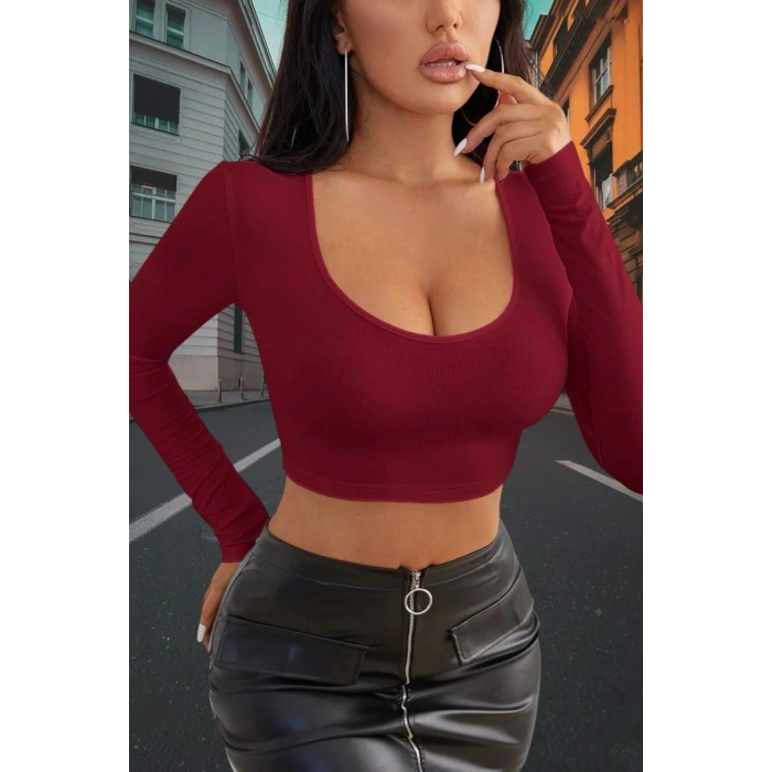 Bordo Derin U Yaka Crop Top Uzun Kollu Dar Kesim Kadın Bluz