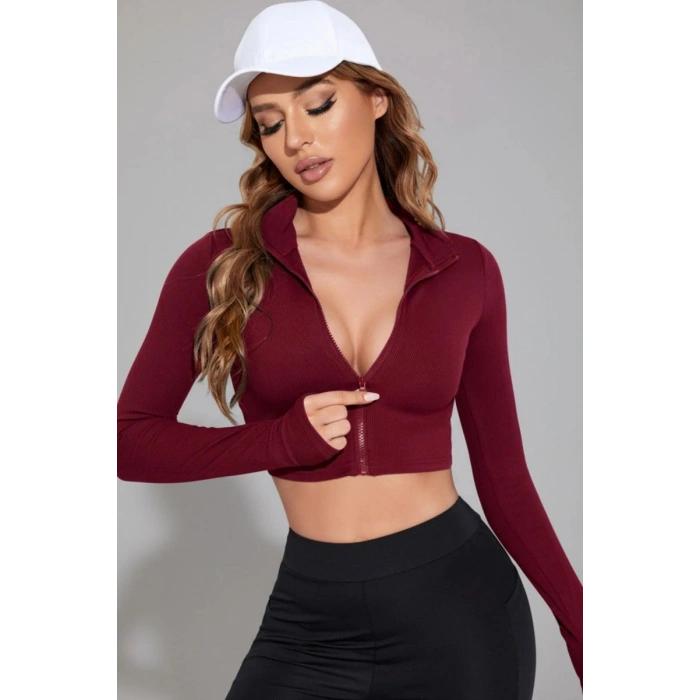 Bordo Dik Yaka Fermuarlı Uzun Kollu Parmak Geçmeli Crop Top Spor Bluz