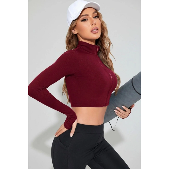 Bordo Dik Yaka Fermuarlı Uzun Kollu Parmak Geçmeli Crop Top Spor Bluz