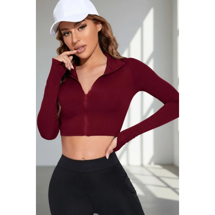 Bordo Dik Yaka Fermuarlı Uzun Kollu Parmak Geçmeli Crop Top Spor Bluz