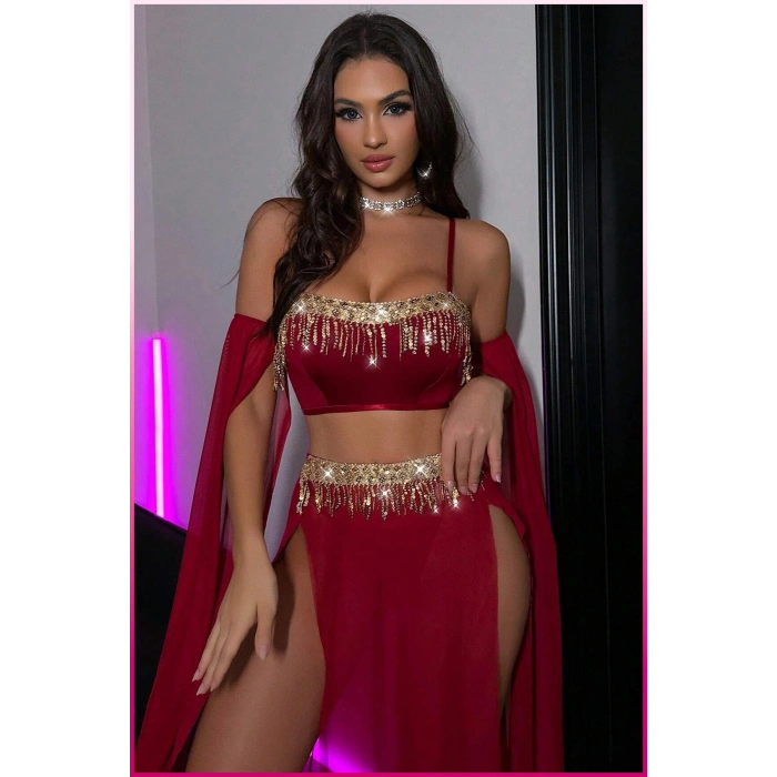 Bordo Pul Aksesuarlı Tül Etekli Kadın Seksi Gecelik