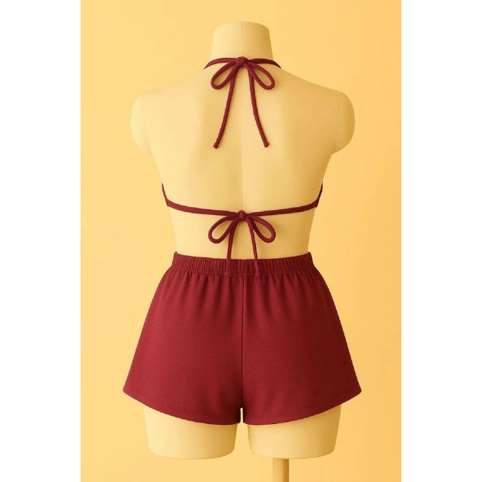 Bordo Şortlu Bağlamalı Bikini Takımı Üçgen Kesim Ayarlanabilir Esnek Kumaş Kadın Mayo Seti