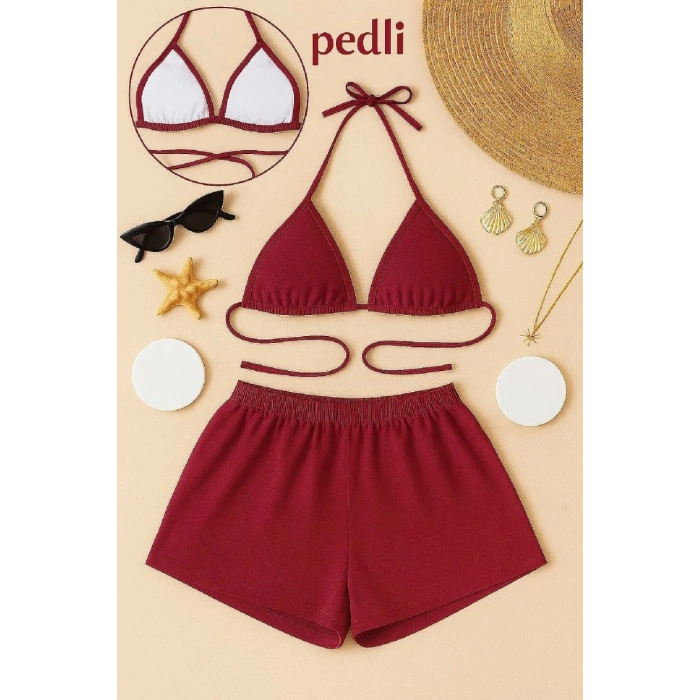 Bordo Şortlu Bağlamalı Bikini Takımı Üçgen Kesim Ayarlanabilir Esnek Kumaş Kadın Mayo Seti