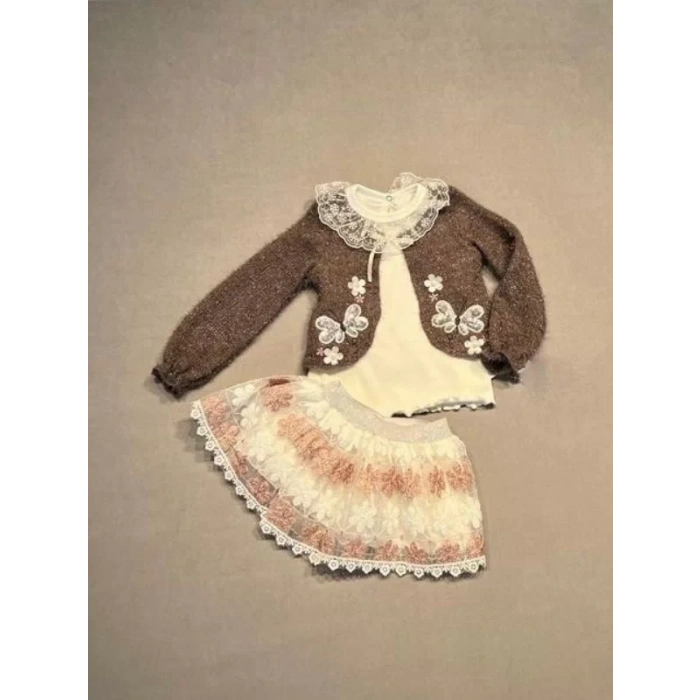 Brode Etekli Örme Hırkalı Uzun Kollu Sweat 3lü Kız Çocuk Takımı Kahverengi