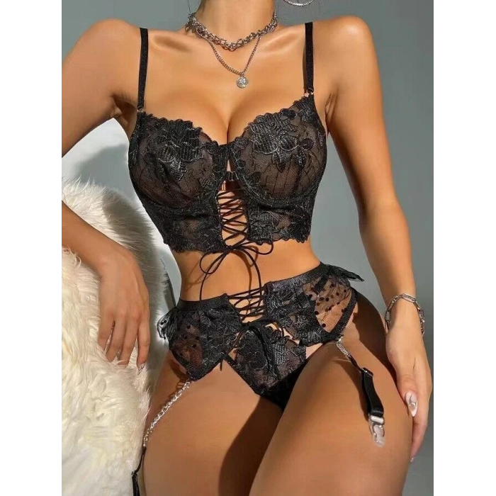 Büstiyerli Dantel Fantezi Siyah Jartiyer Takımı