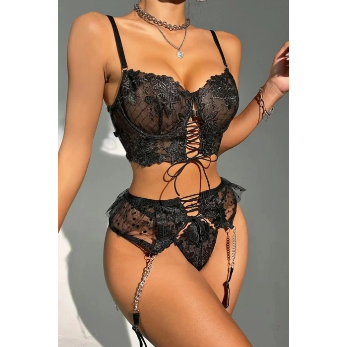 Büstiyerli Dantel Fantezi Siyah Jartiyer Takımı