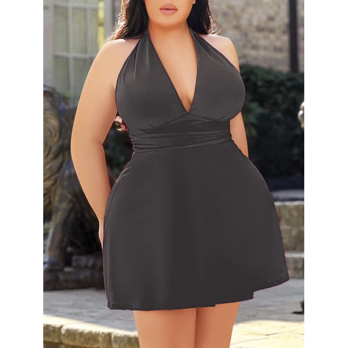 Büyük Beden Antrasit Boyundan Bağlamalı Mini Gecelik