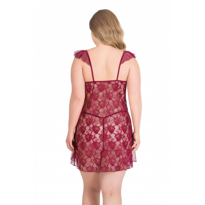 Büyük Beden Bordo Kısa Tül Gecelik