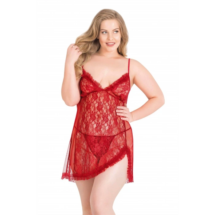 Büyük Beden Kırmızı Kısa Tül Gecelik
