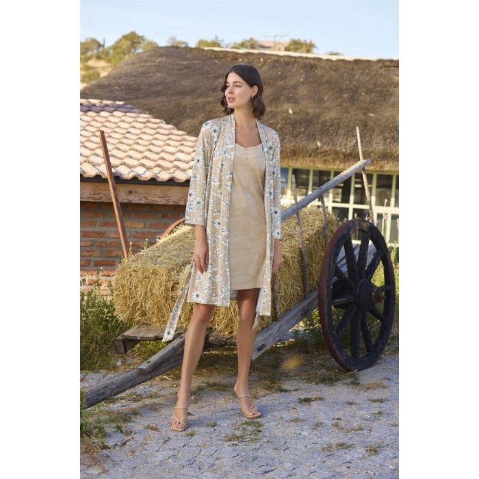 Çiçek Desenli Önü Düğmeli Sabahlık Takımı