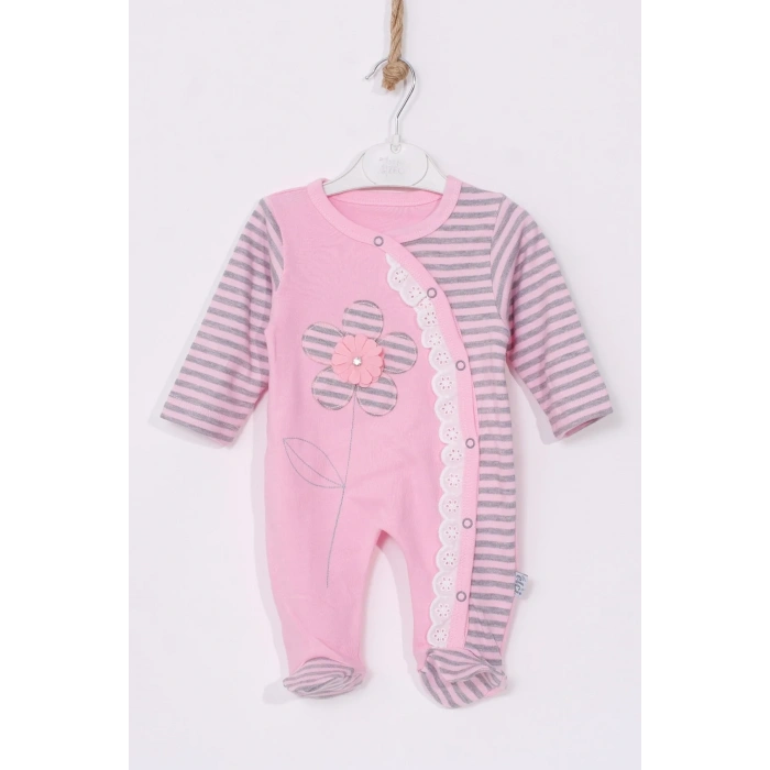 Çiçek Nakışlı % 100 Pamuk Ayaklı Kız Bebek Tulumu