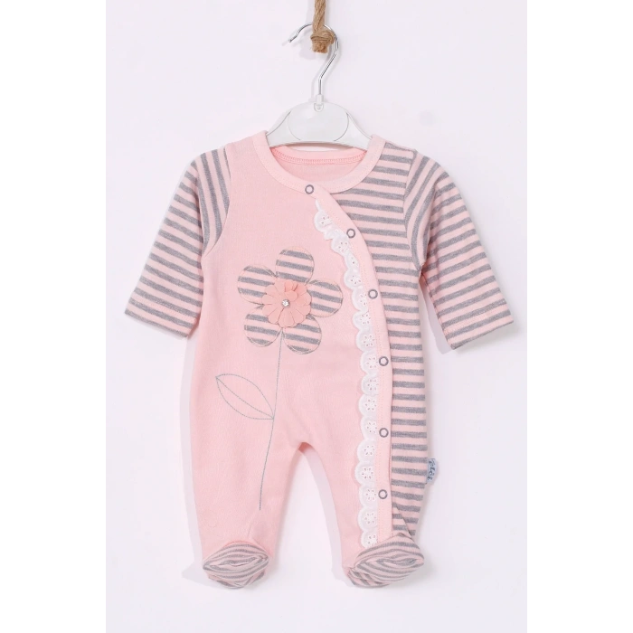 Çiçek Nakışlı % 100 Pamuk Ayaklı Kız Bebek Tulumu