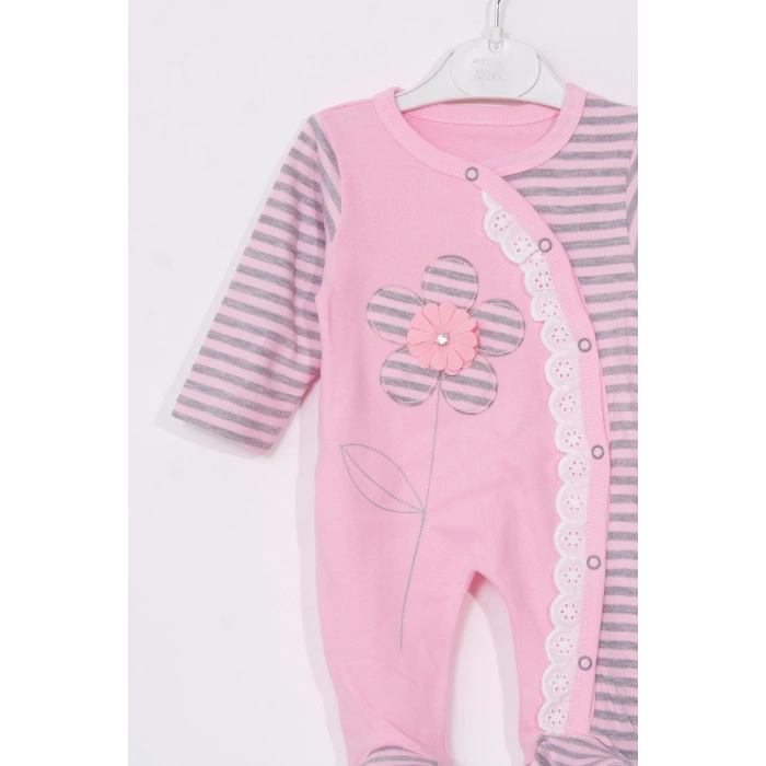 Çiçek Nakışlı % 100 Pamuk Ayaklı Kız Bebek Tulumu