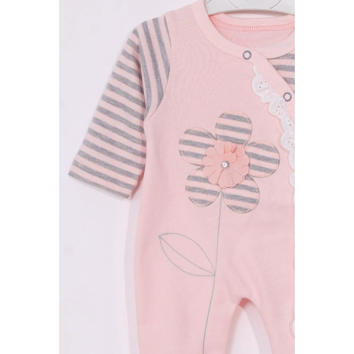 Çiçek Nakışlı % 100 Pamuk Ayaklı Kız Bebek Tulumu