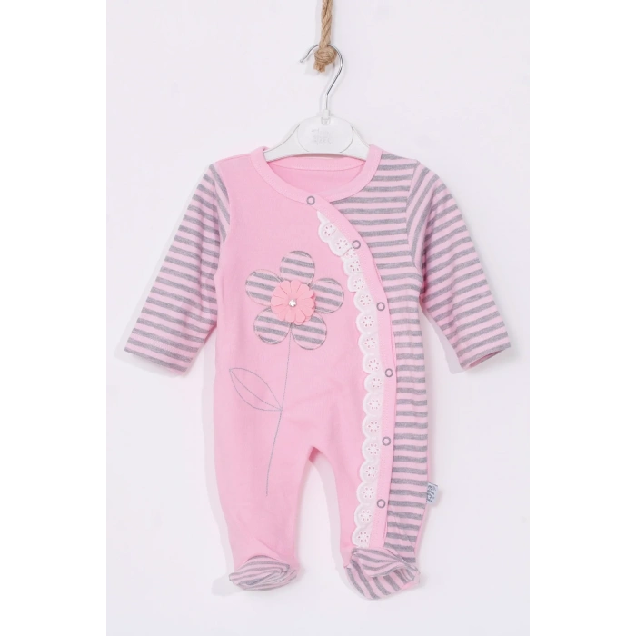 Çiçek Nakışlı % 100 Pamuk Ayaklı Kız Bebek Tulumu