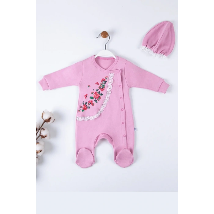 Çiçek Nakışlı Şapkalı % 100 Pamuk Kız Bebek Tulumu